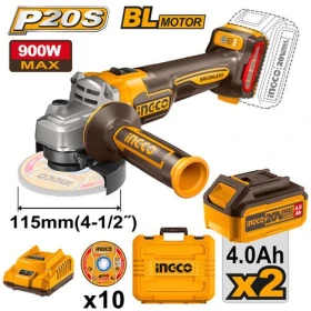 INGCO Brushless Cordless Angle Grinder 20V – 900W Power with 2 Batteries & Charger    CAGLI211542