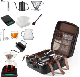 10 Pcs Coffee Maker Set with Adjustable Thickness, Layered Extraction, EVA Bag, Electronic Scale, Manual Grinder, 600ML Kettle, 600ML Server, 2-4Cups Dripper, 250ML Mug, v60