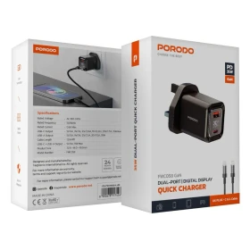 Porodo Dual-Port | Digital Display Quick Charger with Cable PD-FWCH058-L-BK