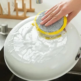 Double Sided Non-Scratch Microfiber Scouring Sponge for Dishwashing, Heavy Duty Kitchen Cleaning Sponge for Dishes, Pots and Pans, Yellow 3psc